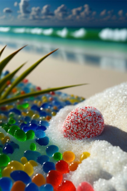 Ball sitting on top of a pile of snow next to a beach generative ai