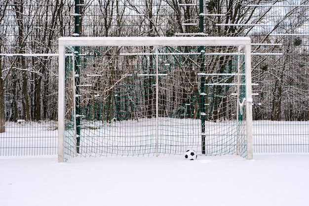 Ball in soccer goal goal in winter