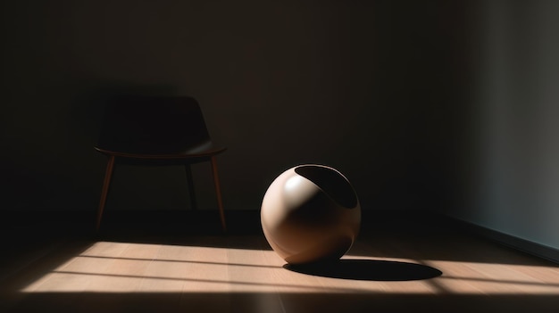 A ball on a table in a dark room with a chair in the background