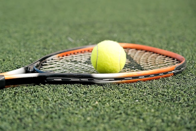 Ball and tennis racket closeup ball and racket on the tennis\
court