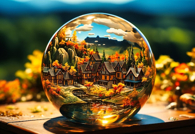 Photo a ball that encapsulates a town in the countryside