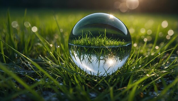 a ball of water sits in the grass with the sun behind it