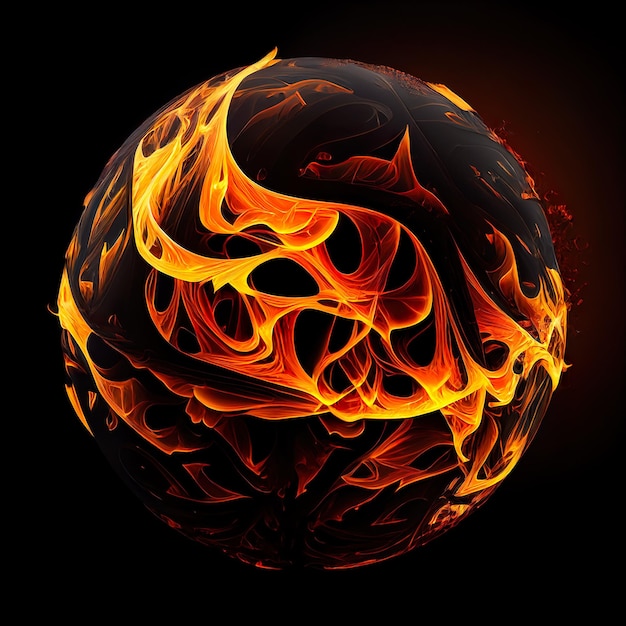 A ball with orange flames on it is in a dark background.