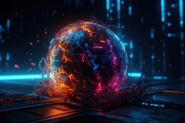 A ball with pink and blue lights and a blue and orange ball in the middle of it Artificial intellig