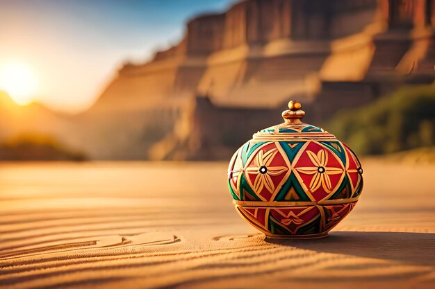 A ball with a sunset in the background