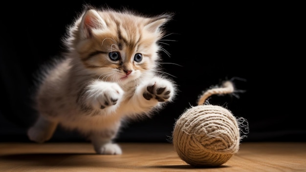 The ball of wool seems to dance under the cat's paws and it moves with agility demonstrating its i