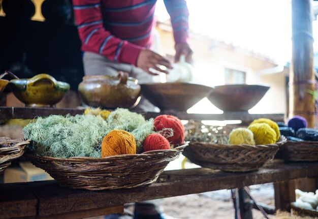 Ball of wools in baskets on table