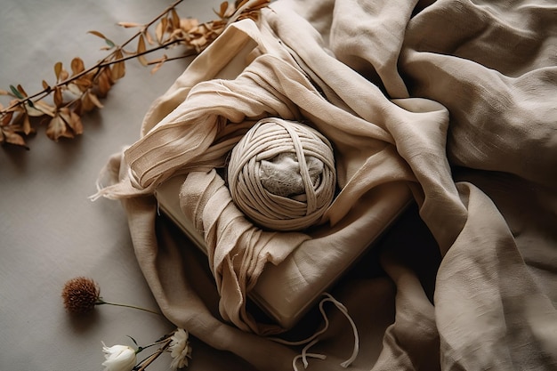 A ball of yarn sits on a blanket with a bunch of flowers on it.