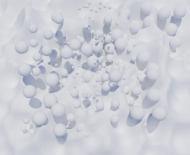 Ballen die in witte vloeistof vallen 3d abstracte illustratie Melkachtergrond met regen van bellen
