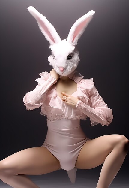 Photo ballerina dancer in white hot fashion costumes and bunny mask like playboy bunny suit