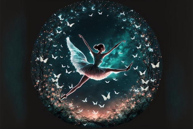 A ballerina dancing with fireflies against the crescent moon digital art style illustration painting fantasy concept of a ballerina dancing