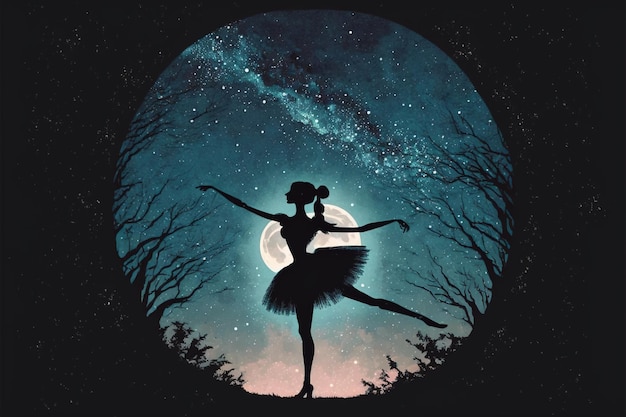 A ballerina dancing with fireflies against the crescent moon digital art style illustration painting fantasy concept of a ballerina dancing