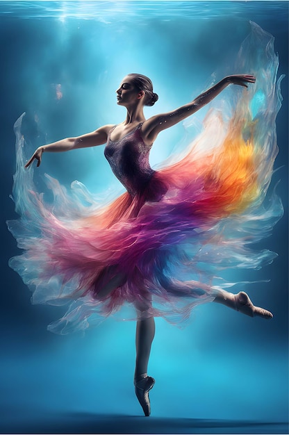 Ballerina danst als het oplossen van kleurrijke inkt in afbeelding van helder water