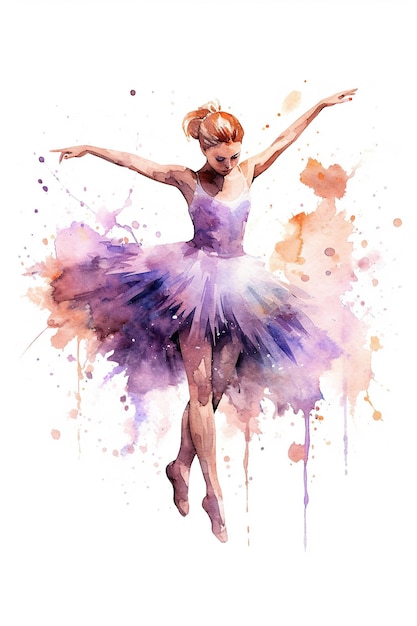 生成 AI で白い背景に分離されたかわいい水彩クリップアートを踊るバレリーナの女の子