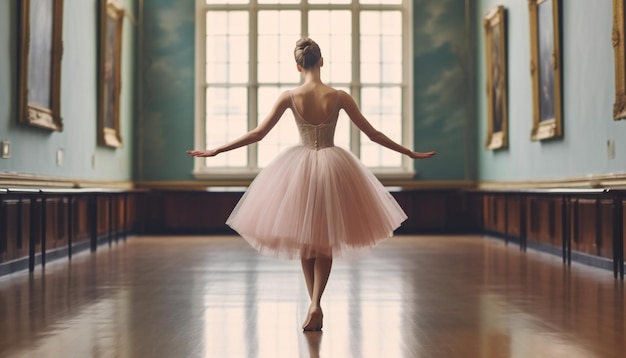 Фото Балерина в платье в балетной студии вид сзади