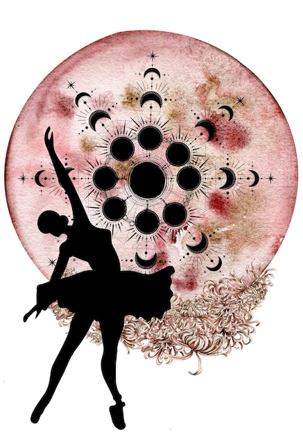 A ballerina is dancing on a pink circle with a gold circle behind it