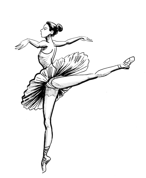 Балерина изображена в черно-белом цвете.
