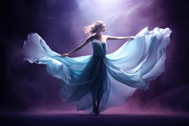 Ballerina in purple chiffon and silk fantasy gown dancing