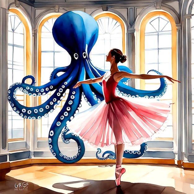 a ballerina in a tutu dancing with a giant octopus in the style of henri matisse 4k uhd ultra 32k