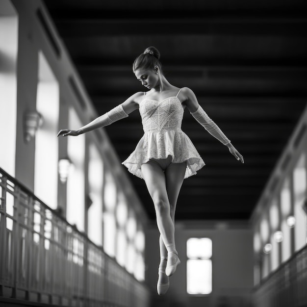 Foto ballerina in abito bianco che balla in classe di balletto