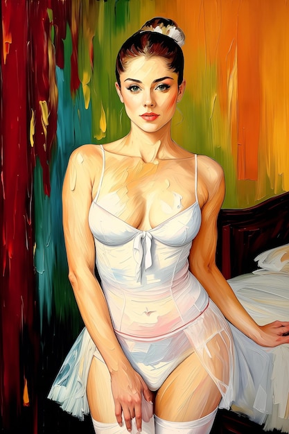 Ballerina in white tutu in the studioOil painting