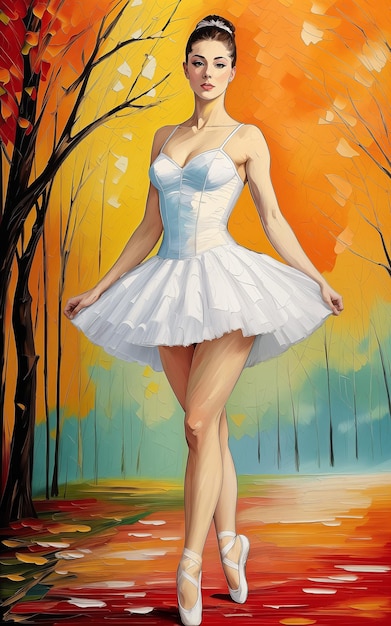 Ballerina in white tutu in the summer parkOil painting