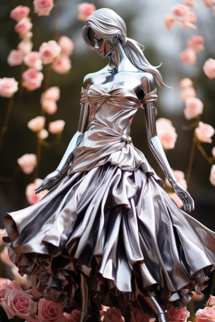 Photo ballerina of womens statuette wrapped in aluminum foil in the rose background o generative ia
