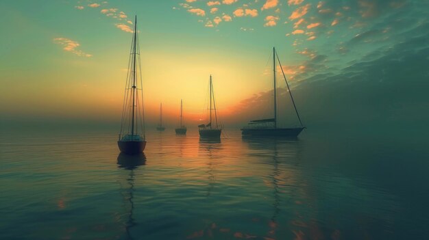 A ballet of boats adrift as the sun dips below the horizon