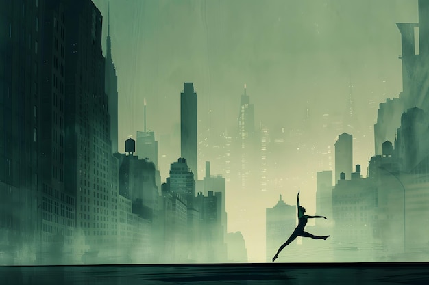 Photo ballet dancer jumping in a foggy city