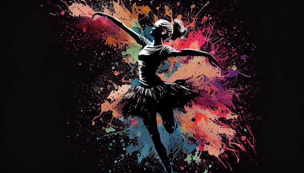 Ballet dancer splash colorful illustration black background with copy space Generate Ai