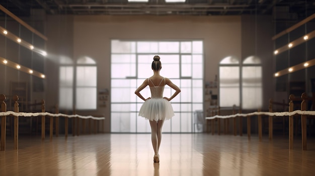 A ballet dancer stands in front of a large window.