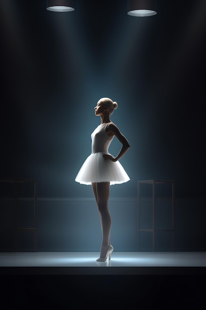 A ballet dancer stands in front of a spotlight on a stage