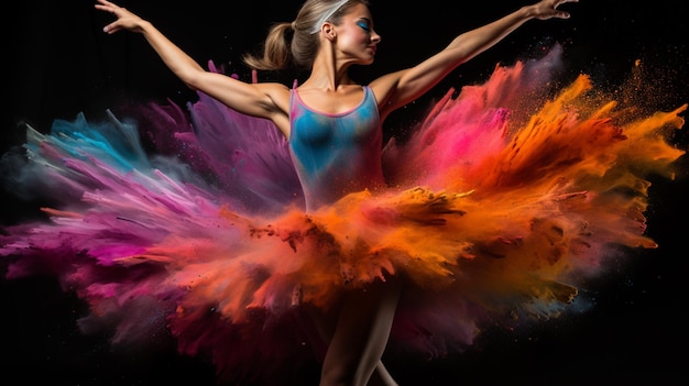 A ballet dancer with a pink and blue paint explosion behind her