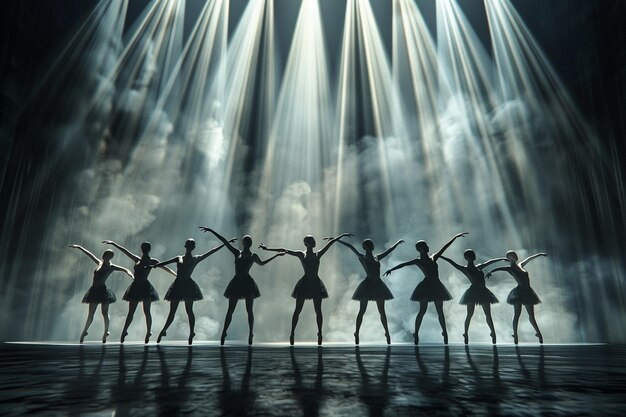 Ballet dancers in graceful poses against a dramati