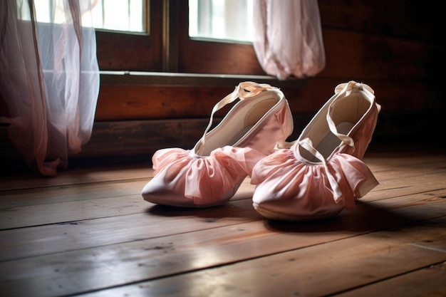 Photo ballet pointe shoes resting on wooden floor