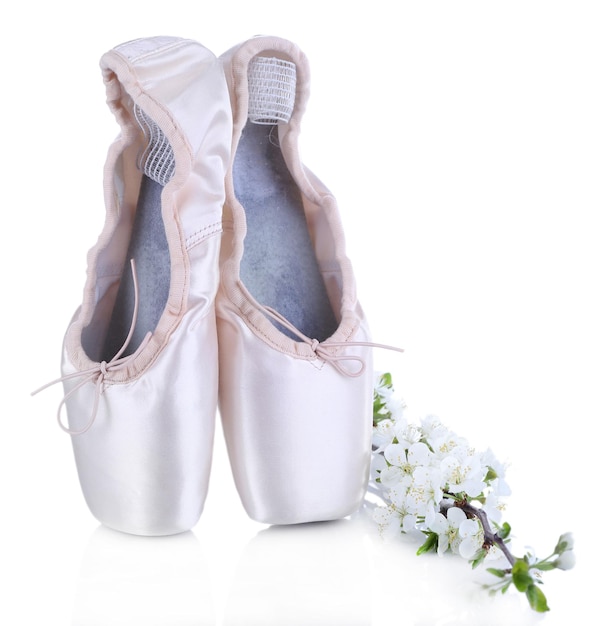 Photo ballet pointe shoes with blossoming branch isolated on white