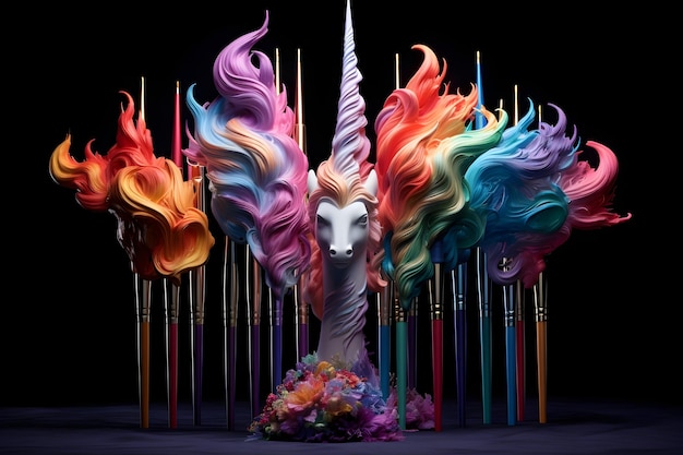 A ballet of rainbow hues dances across a set of unicornthemed makeup brushes