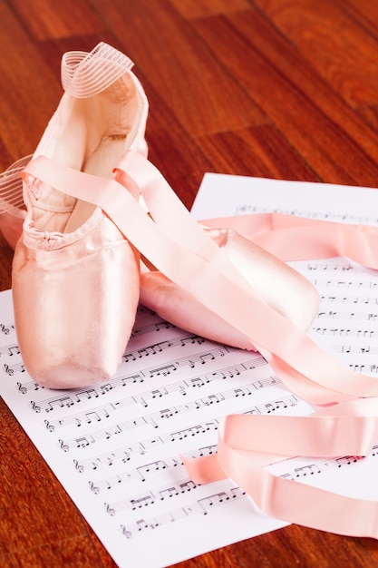 Ballet Shoe on a wood floor over a music score.