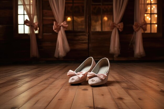 Ballet shoes on a wooden dance floor