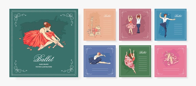 Photo ballet studio hand drawn square banner or greeting card set