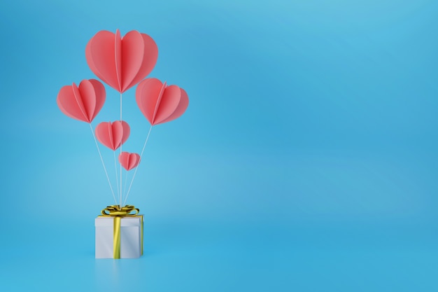 Ballonhart met giftdoos voor het concept van liefdevalentijnskaarten, 3D illustratie