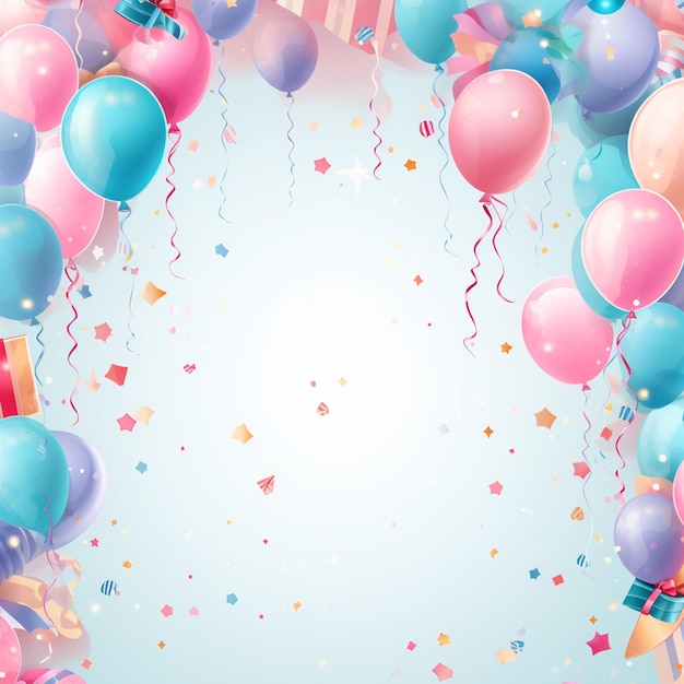 ballonnen en confetti op een blauwe achtergrond met een plek voor een tekstgeneratieve ai