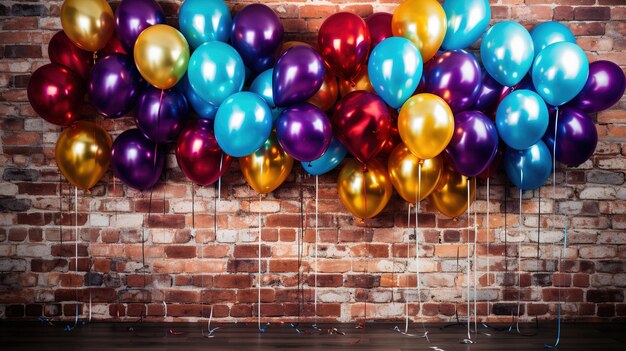 Ballonnen hangen aan een bakstenen muur met een bakstenen achtergrond