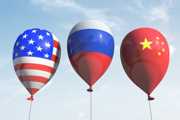 Ballonnen met de Amerikaanse, Russische en Chinese symbolen.