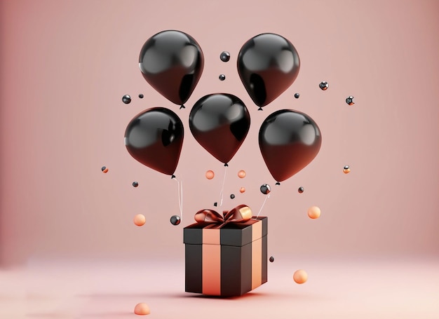 ballonnen met geschenkdoos in 3d render cartoon zwart