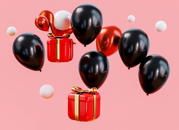 ballonnen met geschenkdoos in 3d render cartoon zwart