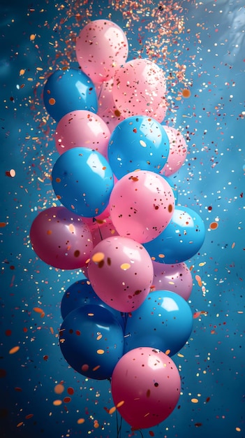Ballonnen van pastelkleuren en confetti op een grijze achtergrond