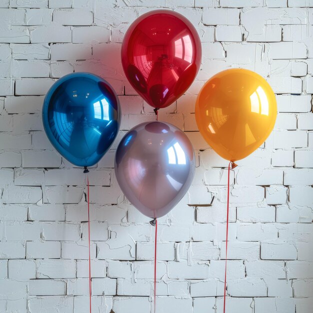 Ballonnen van verschillende kleuren op de achtergrond van een witte bakstenen muur