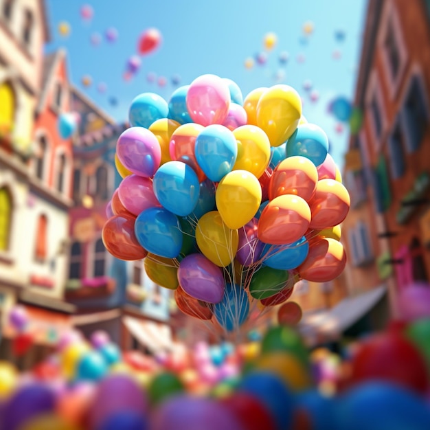 Ballonnen vliegen in de lucht op een stadsplein.