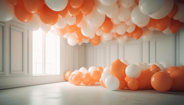 Ballonnen zwevend in een witte kamer Generatieve Ai